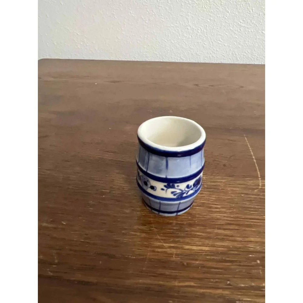 Vintage Hand Painted Delft Blue Vase & Miniature Barrel Cup Holland Pottery Set